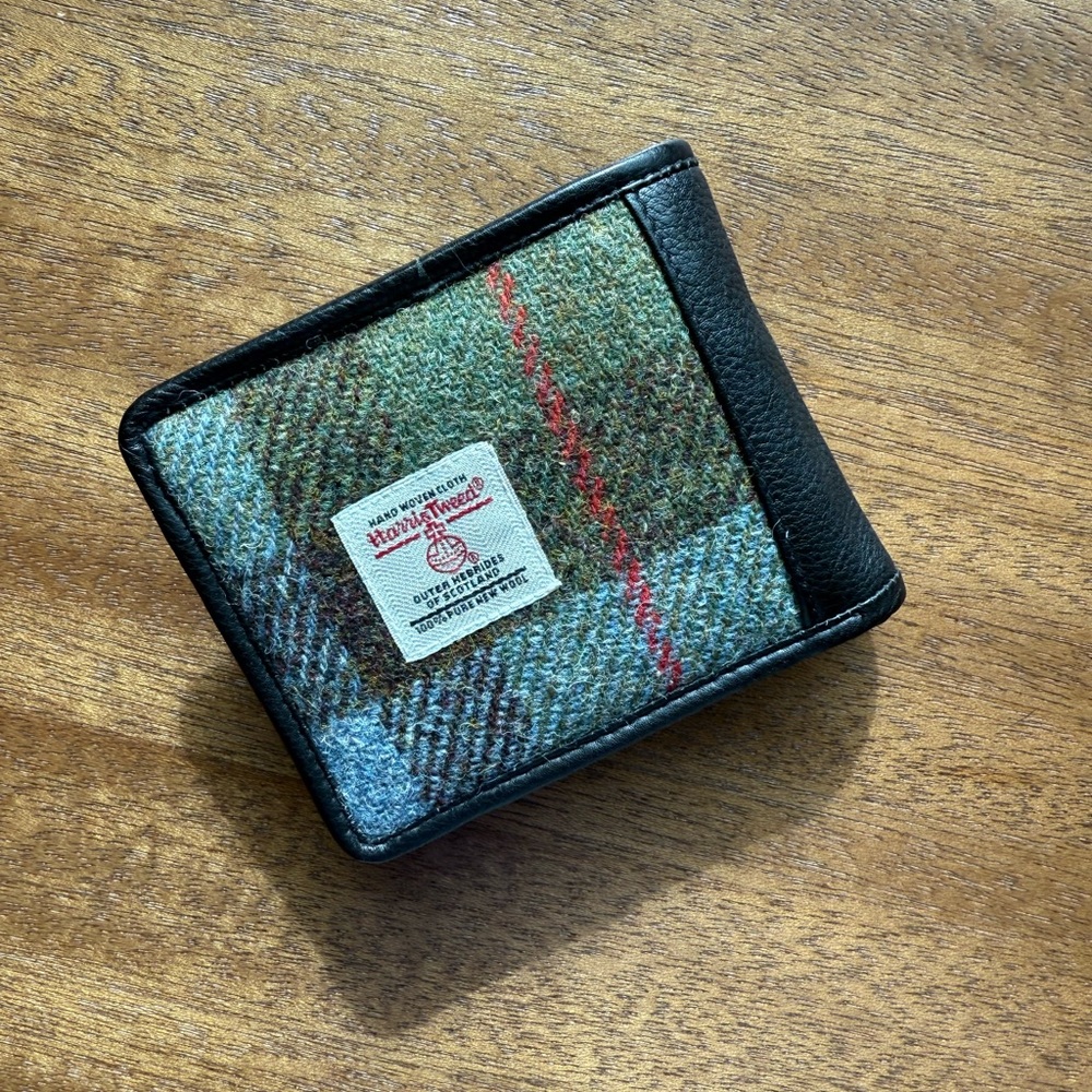 NWOT Harris Tweed, Hand Woven Cloth Wool and Leather Wallet - Black and Green
